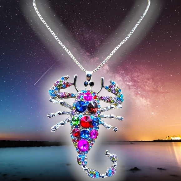 Silver plated multicolor crystal rainbow scorpion necklace/brooch - Picture 8 of 13